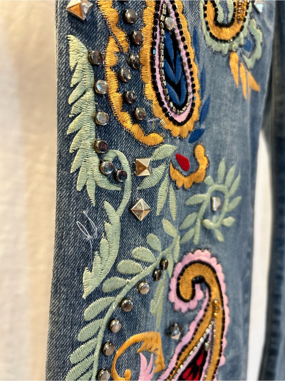 Alice + Olivia Denim Flare Jeans with Multicolor Paisley Embroidery - Picture 13 of 16